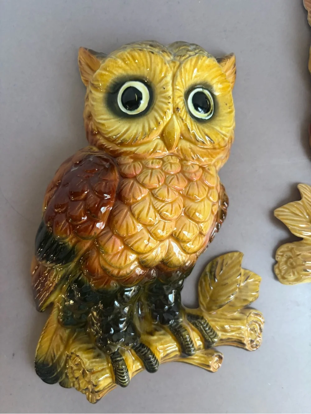 Lefton Yellow and Orange Owl Wall Plaques - Pair
